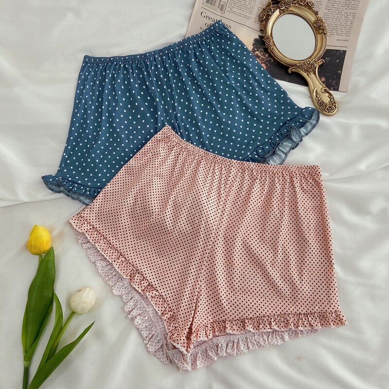 

2pcs Frill Trim Polka Dot Print Sleep Shorts, Multicolor