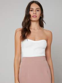 SHEIN لباس علوي محبوك مضلع وبلون موحد بياقة عميق للبنات - أبيض - مشاهدة 1