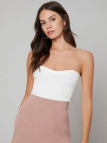 SHEIN لباس علوي محبوك مضلع وبلون موحد بياقة عميق للبنات - أبيض - مشاهدة 5