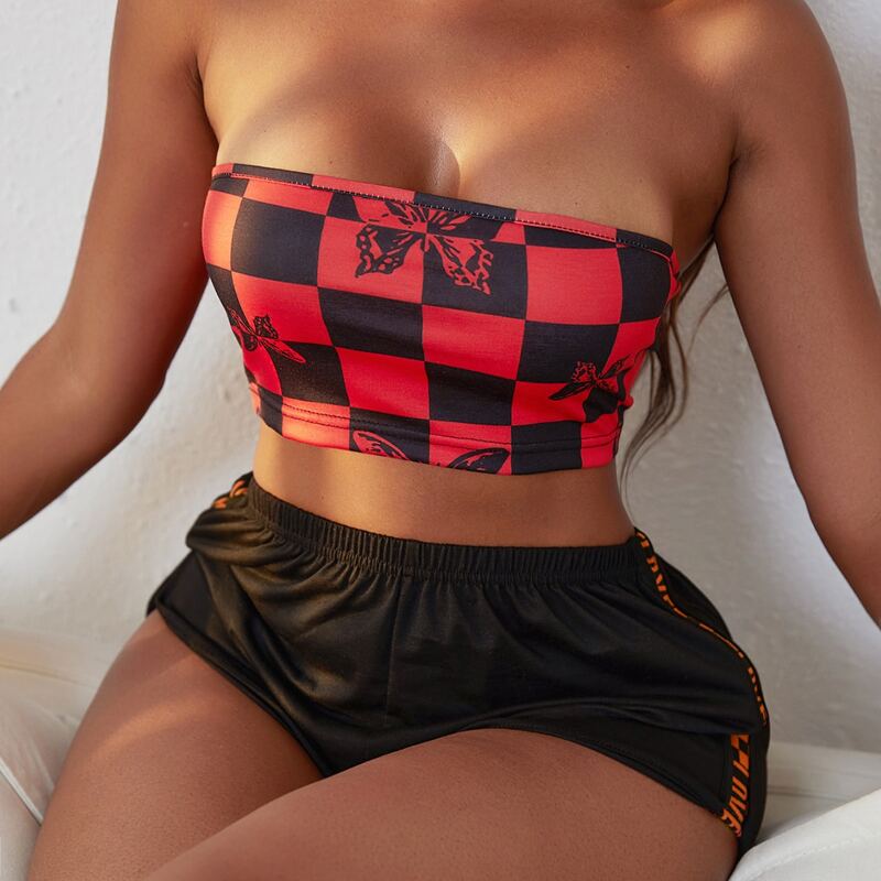 

Plaid Butterfly Print Tube Top & Shorts Pajama Set, Multicolor