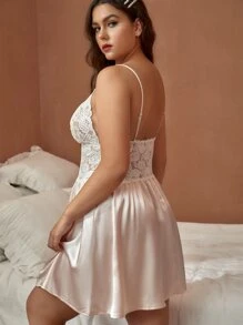 Plus Contrast Guipure Lace Satin Cami Sleep Dress - Multicolor - View 2