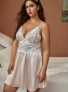 Plus Contrast Guipure Lace Satin Cami Sleep Dress - Multicolor - View 3