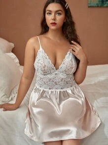 Plus Contrast Guipure Lace Satin Cami Sleep Dress - Multicolor - View 4