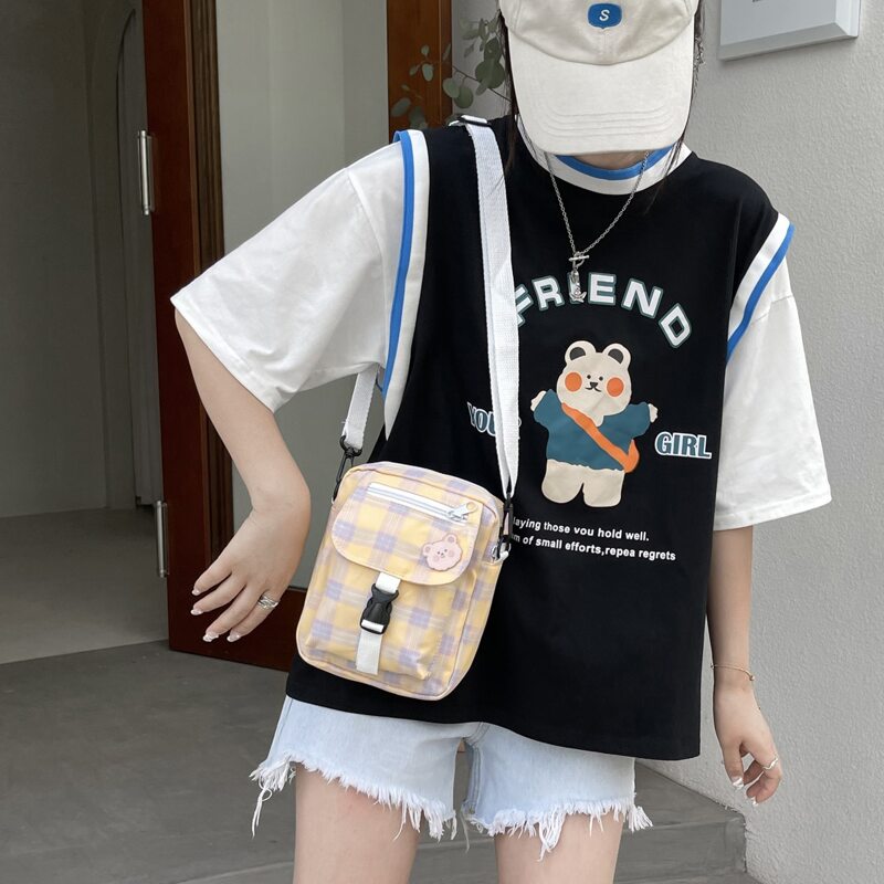 

Plaid Pattern Crossbody With Cartoon Badge, Multicolor