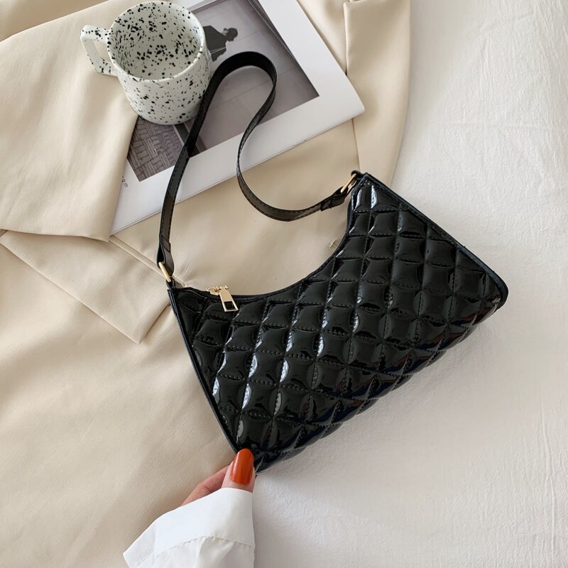

Patent Leather Quilted Shoulder Bag, Black