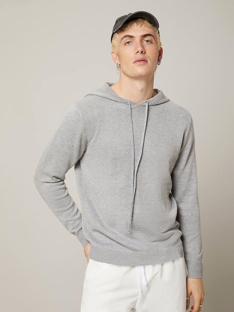 Men Solid Ribbed Knit Drawstring Hooded Sweater - Light Grey - View 1