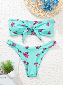 Floral Knot Front Bandeau Bikini, For Summer Beach Vacation - Mint Blue - View 4