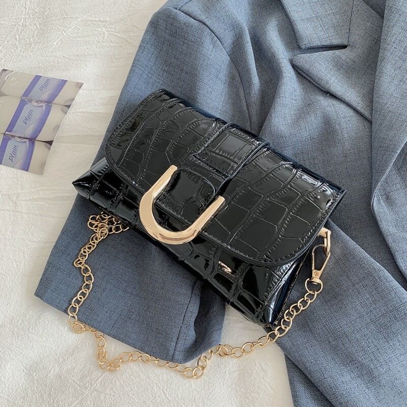 

Croc Embossed Flap Chain Bag, Black
