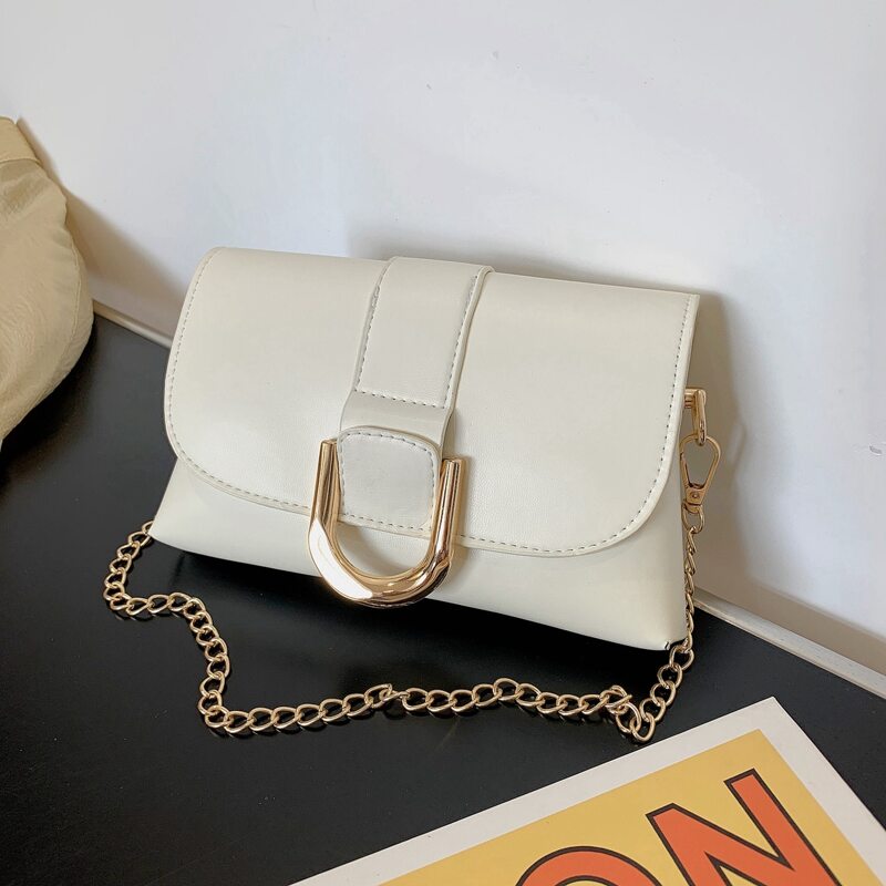 

Metal Decor Flap Chain Bag, White