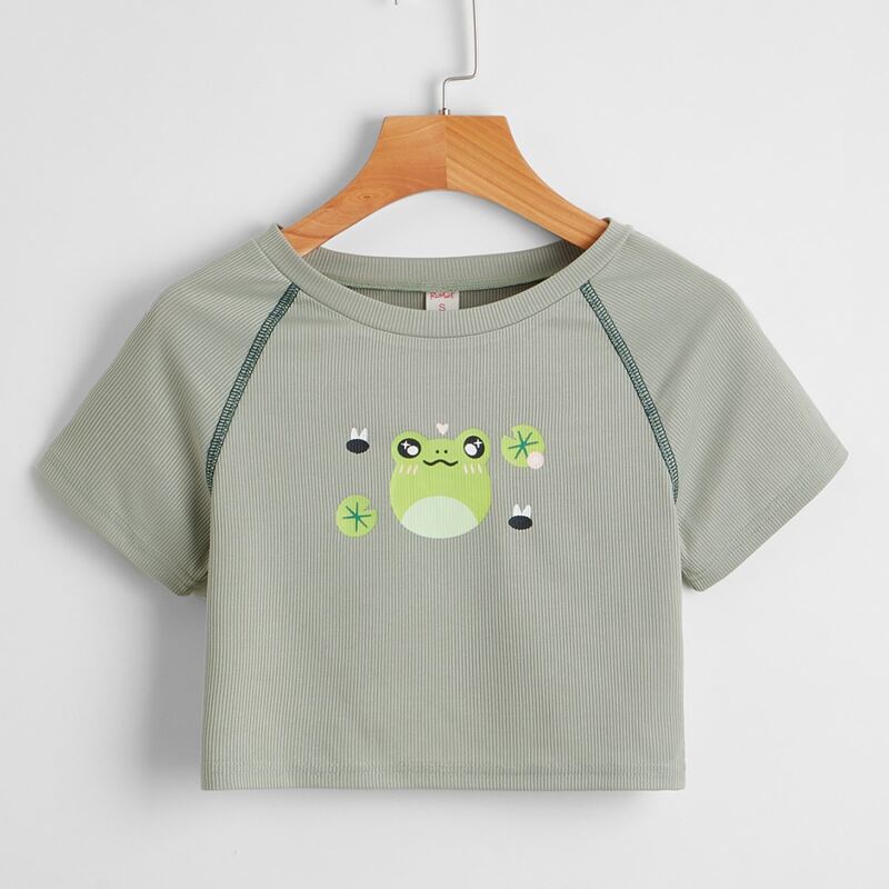 

Cartoon Graphic Stitch Trim Tee, Lime green
