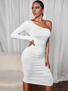 SHEIN SXY 褶邊單肩緊身連衣裙 - 白色 - 查看 3