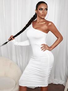 SHEIN SXY 褶邊單肩緊身連衣裙 - 白色 - 查看 5