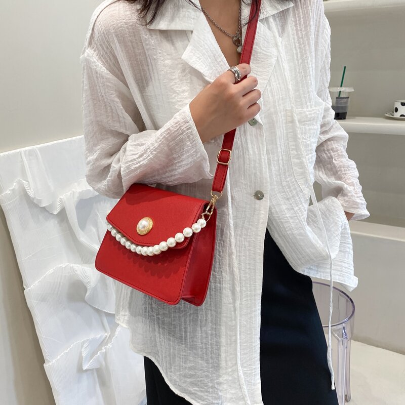 

Faux Pearl Decor Satchel Bag, Red