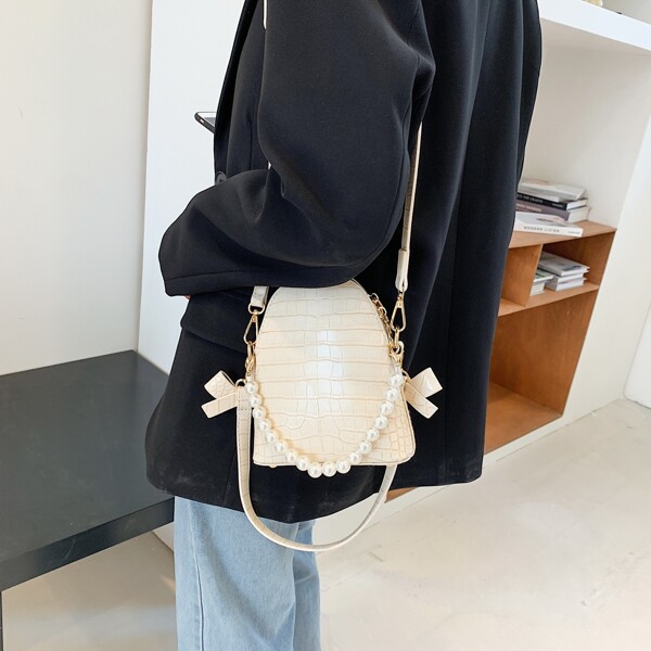 

Faux Pearl Chain Croc Decor Crossbody Bag, Beige