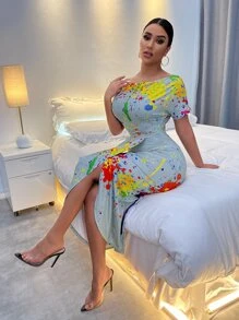 SHEIN SXY Splatter Print Ruched Asymmetrical Hem Wrap Dress - Baby Blue - View 4