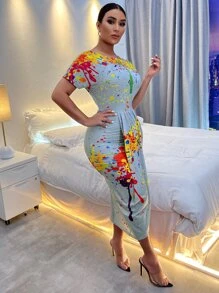 SHEIN SXY Splatter Print Ruched Asymmetrical Hem Wrap Dress - Baby Blue - View 5