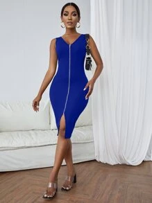 SHEIN Slayr Solid Zip Up Bodycon Dress - Royal Blue - View 4