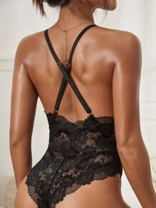 Floral Lace Plunge Teddy Bodysuit - Black - View 2