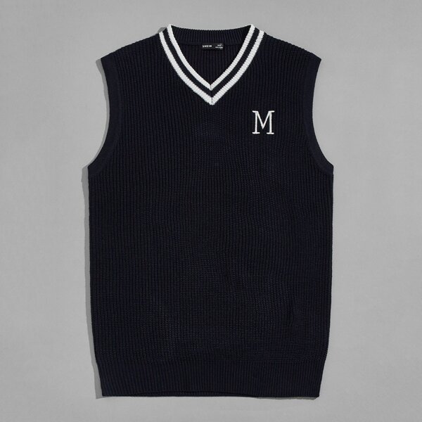 

Men Letter Pattern Striped Sweater Vest, Navy blue