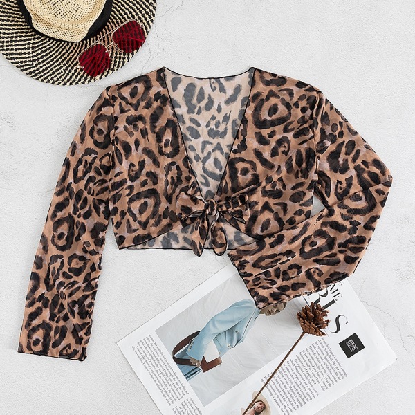 

Leopard Pattern Knot Front Kimono, Multicolor