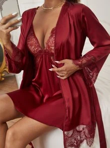 3packs Floral Lace Satin Slips With Belted Robe, Lingerie Set - Burgundy - View 1