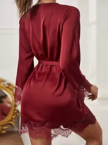 3packs Floral Lace Satin Slips With Belted Robe, Lingerie Set - Burgundy - View 2