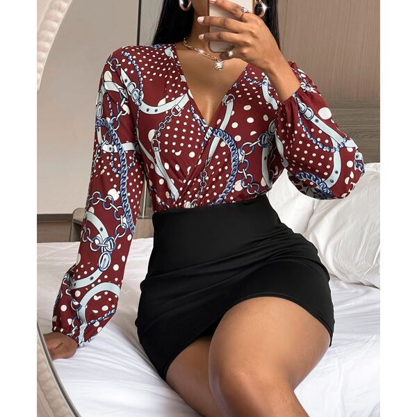 

Chain And Polka Dot Combo Bodycon Dress, Multicolor