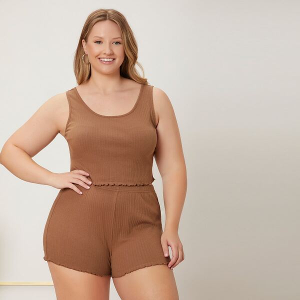 

Plus Lettuce Trim Tank Top And Shorts PJ Set, Brown