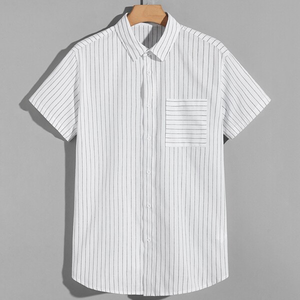 

Men Striped Patched Pocket Shirt, White