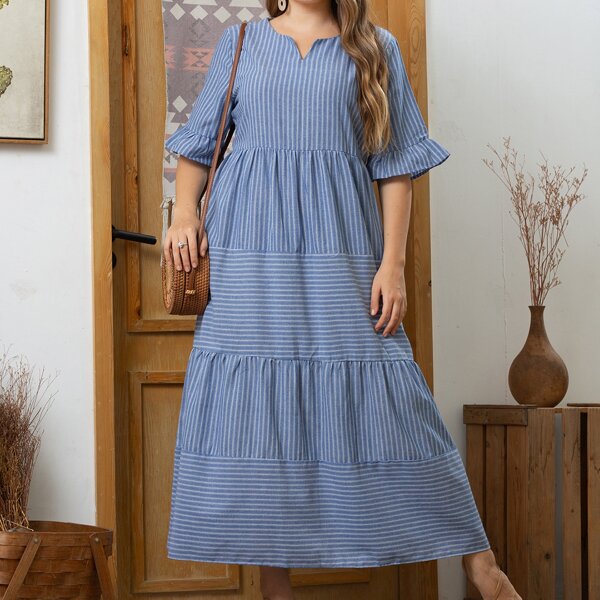 

Plus Striped Print Notched Neck Flounce Sleeve Smock Dress, Blue