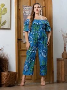 Plus Tropical Print Off Shoulder Ruffle Trim Jumpsuit - Blue - View 3