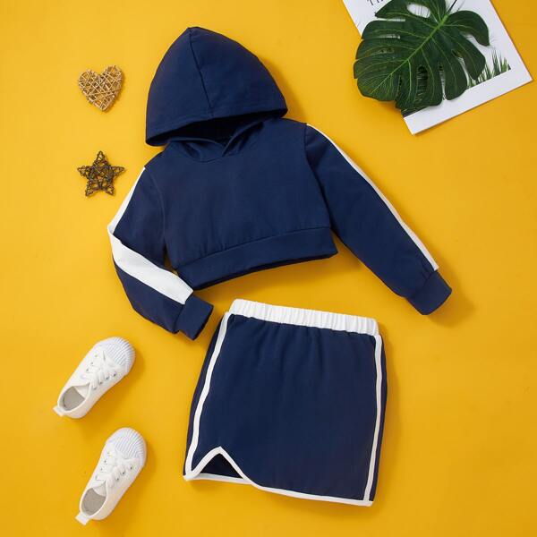 

Toddler Girls Contrast Side Seam Hoodie & Asymmetrical Hem Skirt, Navy blue