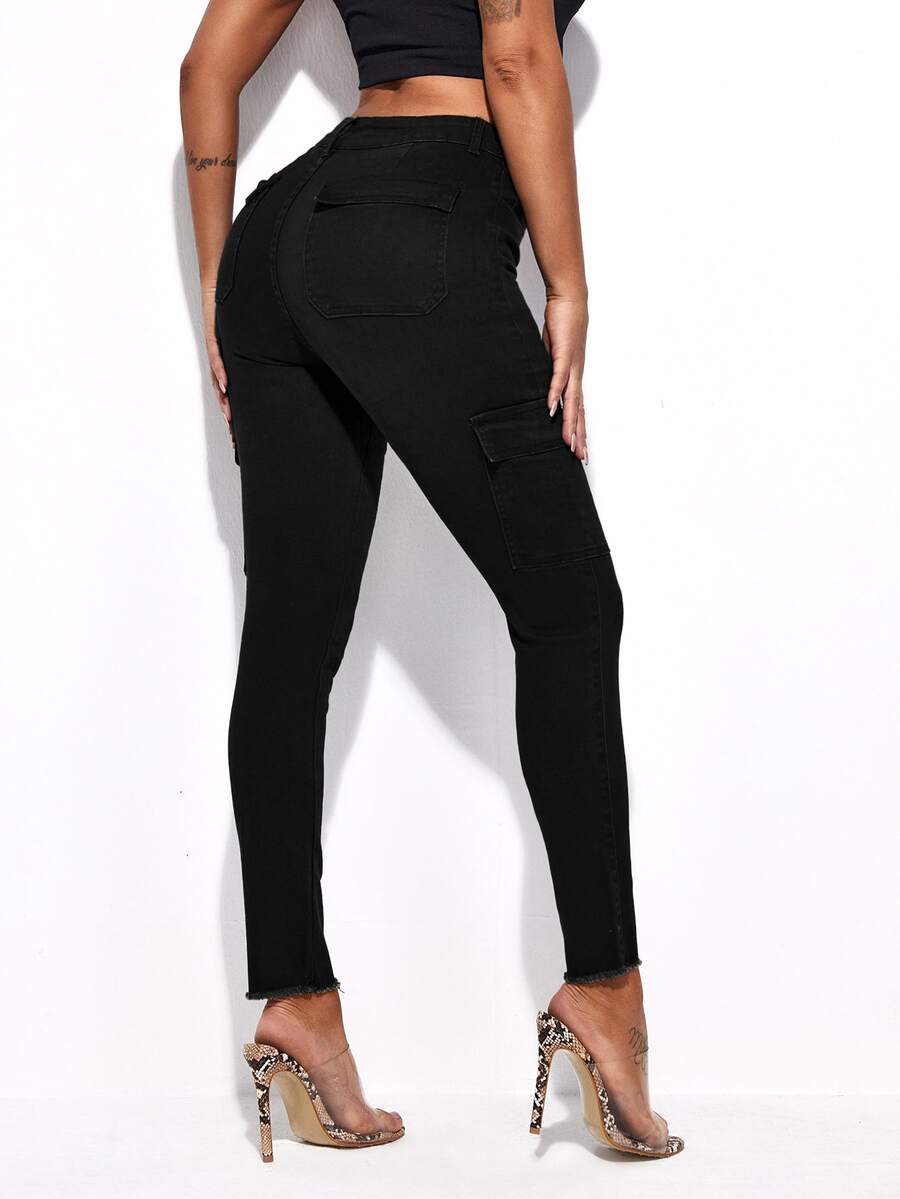 Flap Pocket Skinny Jeans - Black - View 1