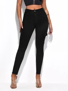 Flap Pocket Skinny Jeans - Black - View 2