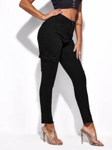 Flap Pocket Skinny Jeans - Black - View 3