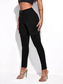 Flap Pocket Skinny Jeans - Black - View 4