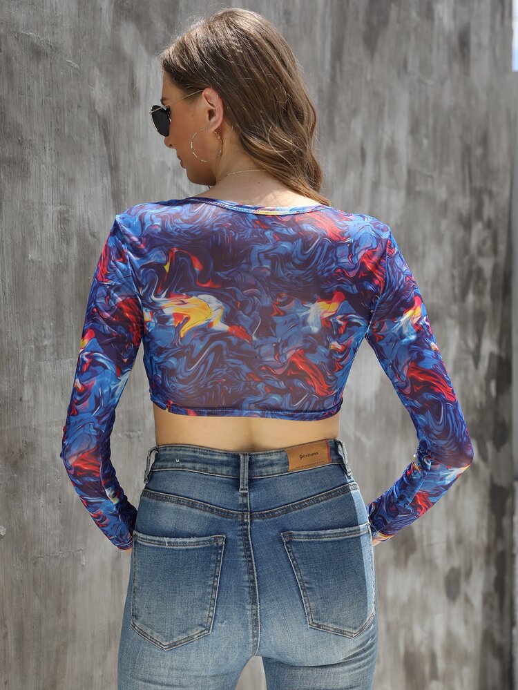 Graphic Print Sheer Crop Top