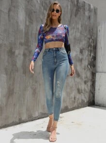 SHEIN Unity Graphic Print Sheer Crop Top - Multicolor - View 3