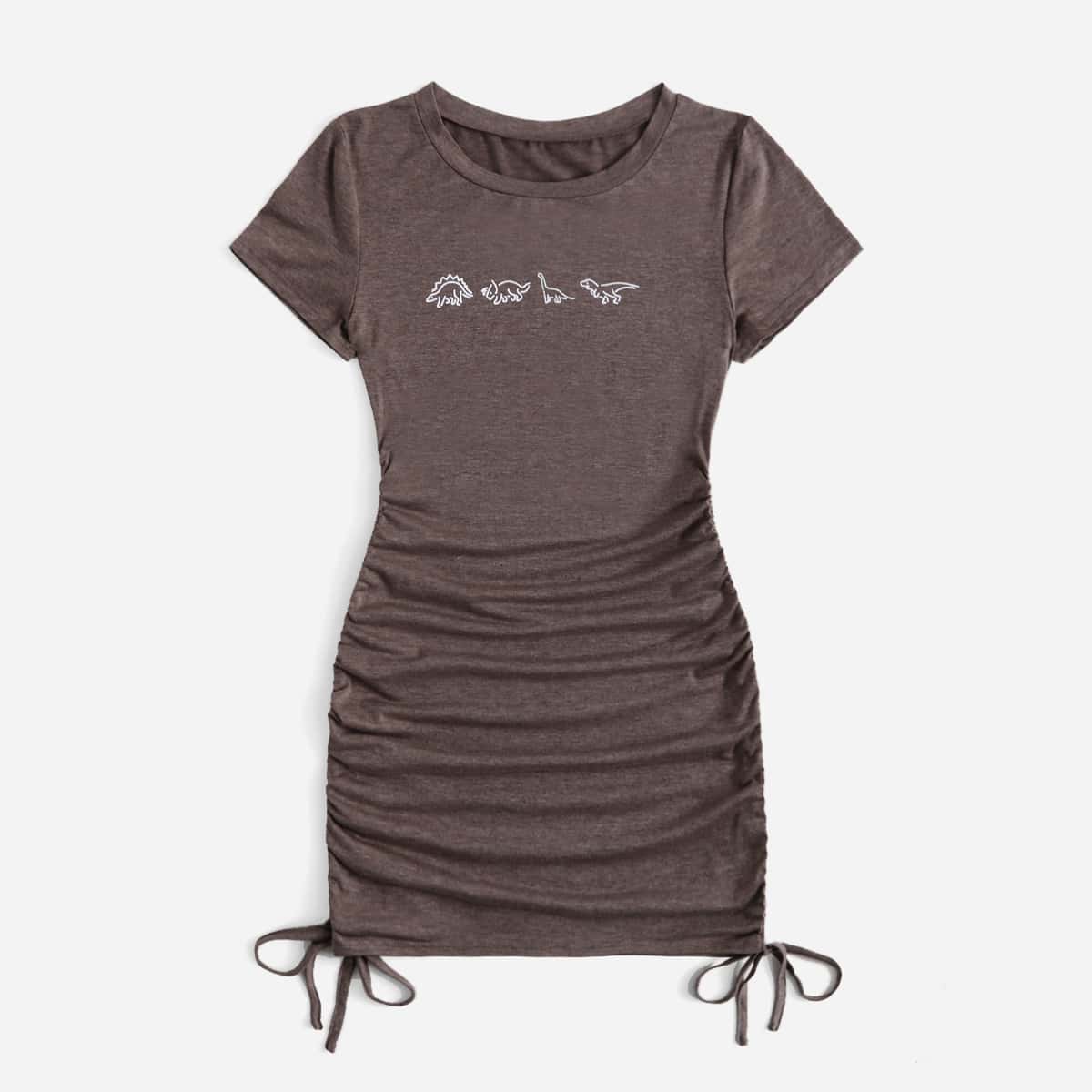 

Cartoon Slogan Graphic Drawstring Dress, Coffee brown