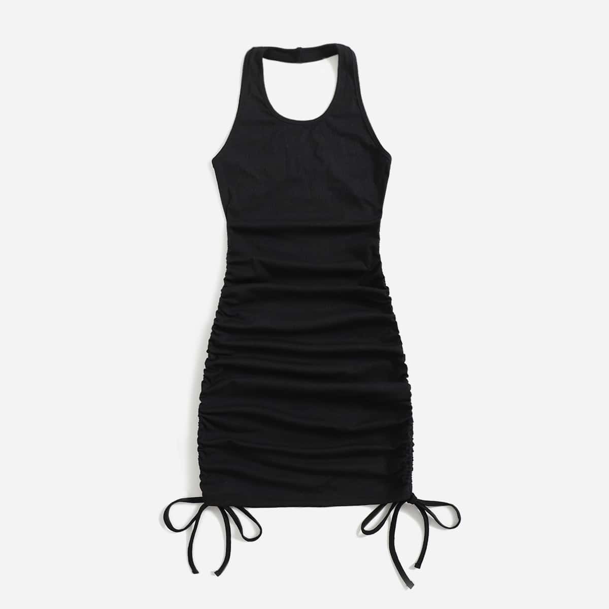 

Solid Drawstring Bodycon Halter Dress, Black