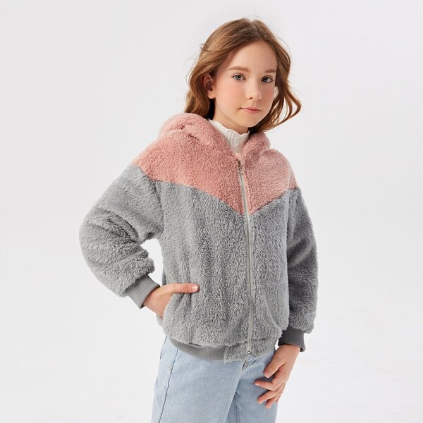 

Girls Two Tone 3D Ear Hooded Coral Fleece Jacket, Grey