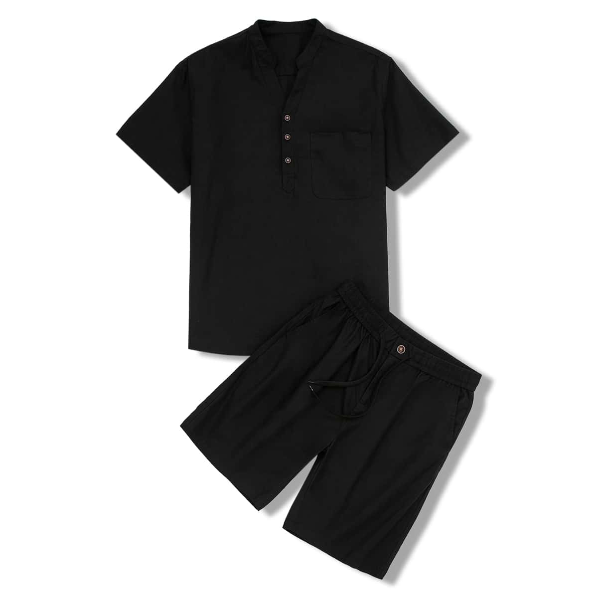 

Guys Half Button Shirt With Drawstring Waist Shorts, Black
