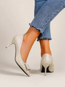 Point Toe Rhinestone & Bow Decor Court Pumps - Beige - View 2