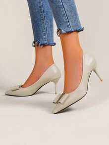 Point Toe Rhinestone & Bow Decor Court Pumps - Beige - View 3