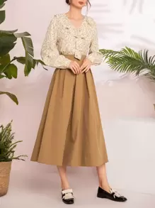 SHEIN con estampado floral ribete con fruncido Top & Falda circular - Albaricoque - Ver 1