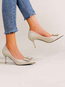 Point Toe Rhinestone & Bow Decor Court Pumps - Beige - View 4
