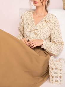 SHEIN con estampado floral ribete con fruncido Top & Falda circular - Albaricoque - Ver 3