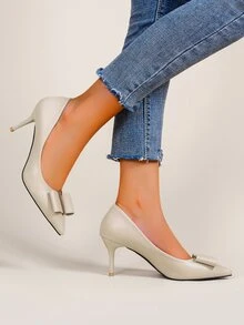 Point Toe Rhinestone & Bow Decor Court Pumps - Beige - View 5
