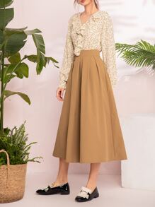 SHEIN con estampado floral ribete con fruncido Top & Falda circular - Albaricoque - Ver 4