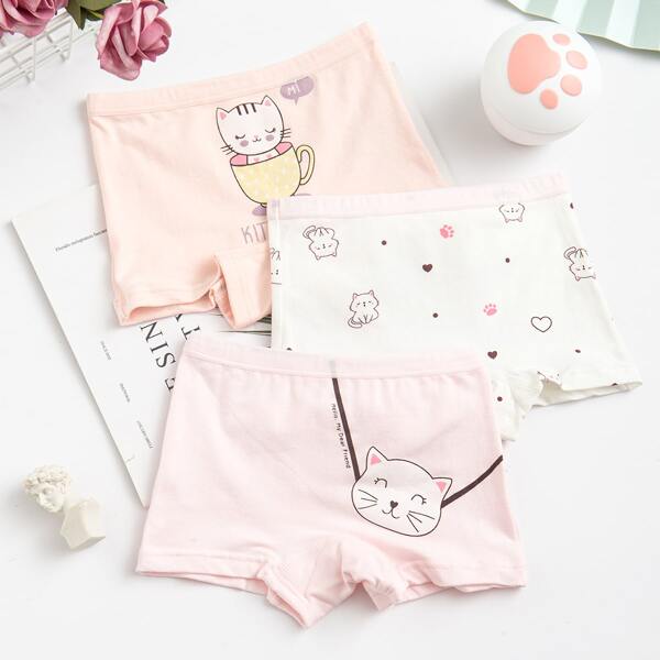 

Toddler Girls 3pcs Cartoon Cat Shortie Brief, Multicolor